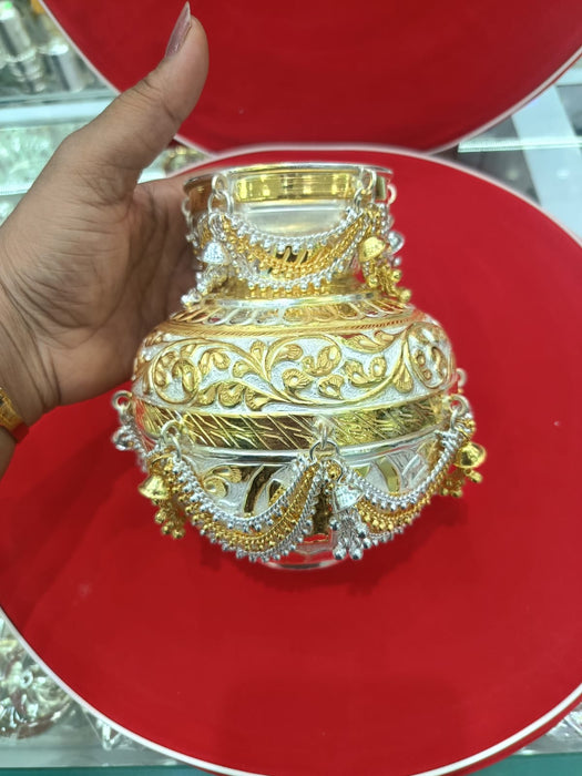 Pure Silver Golden Plating Kalash with Naryal with Leafs Set - 1