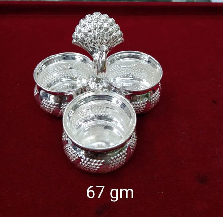 Small Size Silver Peacock Kumkum 3 Round Box for Haldi Karanda Kankavati 3 Round For Pooja Kumkum Box and Gifting, Temple Usage in India, UK, USA, All Country