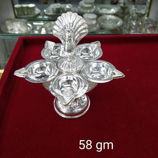 Pure Silver 5 Flame Diya with Peacock Design Showpiece on Top of Diya for Home Temple, Silver Gift Items, Silver Diya for Pooja in India, UK, USA, All Country